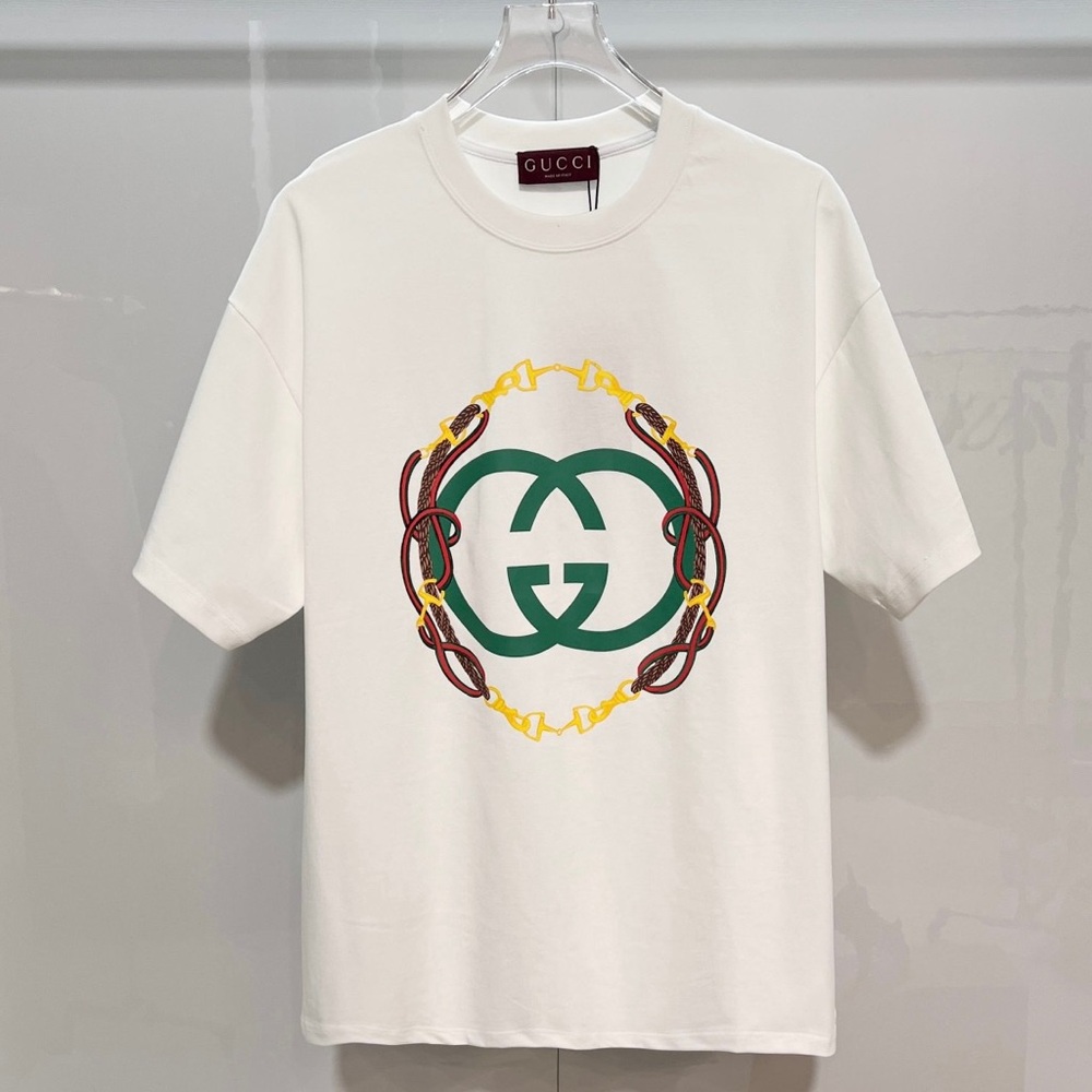 Gucci White Short Sleeve Tee with Green Double G and Multicolor Crest